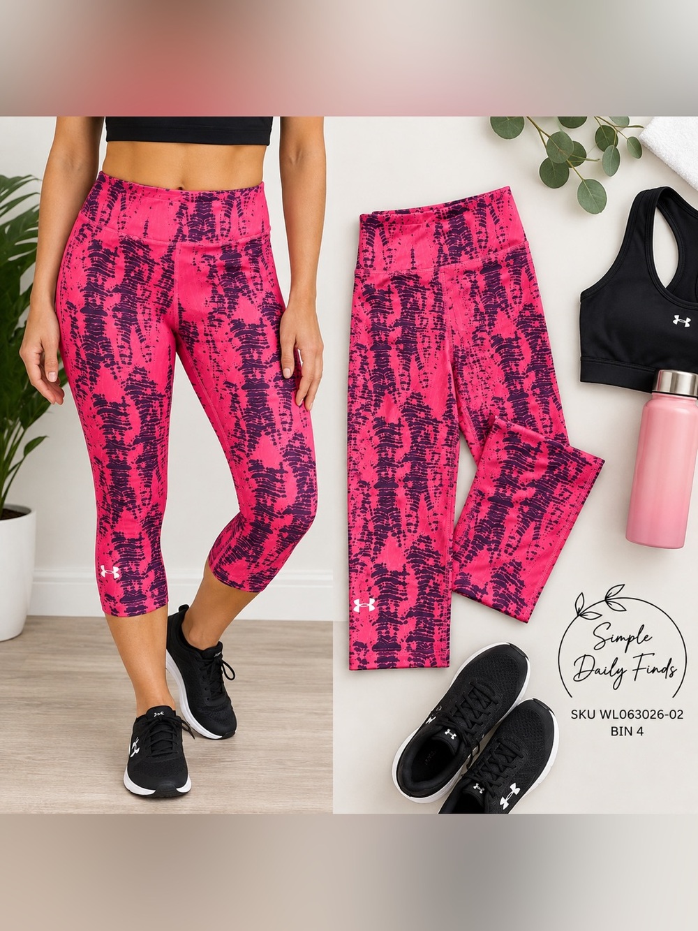Under Armour HeatGear Capri Leggings Women M Pink Black Compression Workout